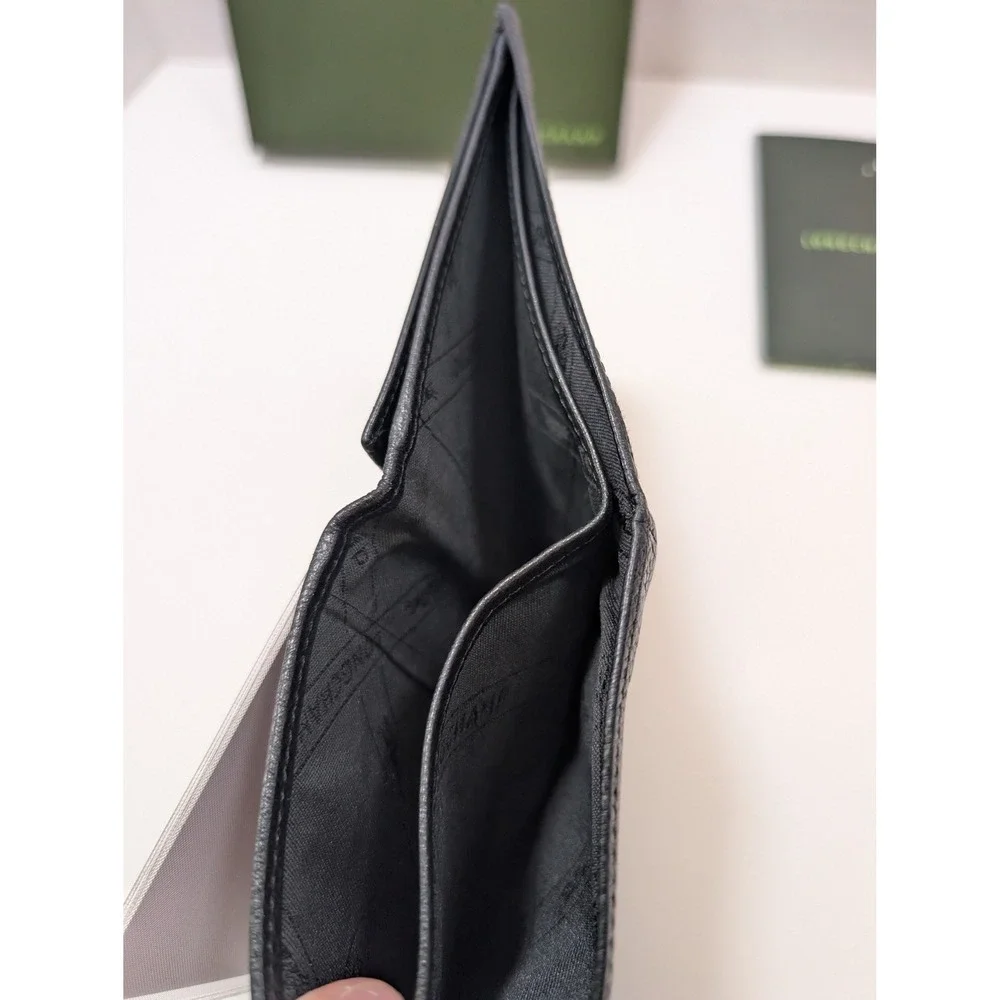 Longchamp Large Mens Black Pebbled Leather Trifold Wallet & Passport w Box‎